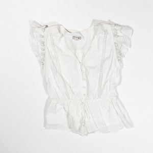 Point Sur J. Crew Cotton Flutter Short Sleeve Pom Pom Applique Blouse Shirt Top